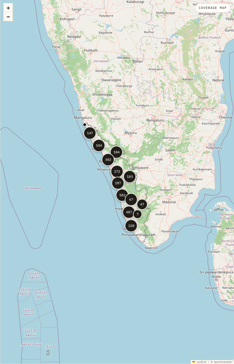 Gymlist map showing gyms across Kerala